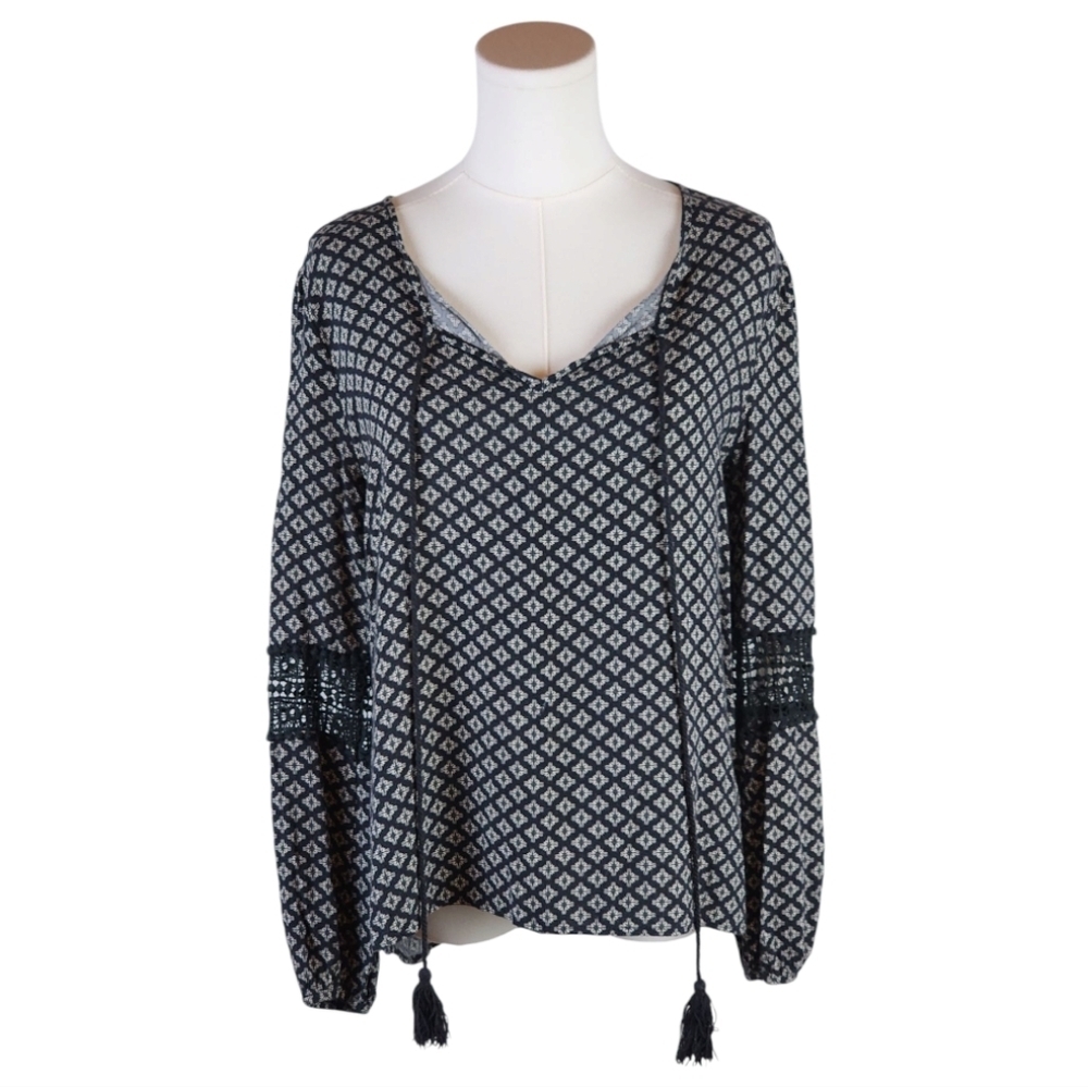 Moonlight Boho Tassel Peasant Blouse w/ Crochet Sleeve Detail - Size S